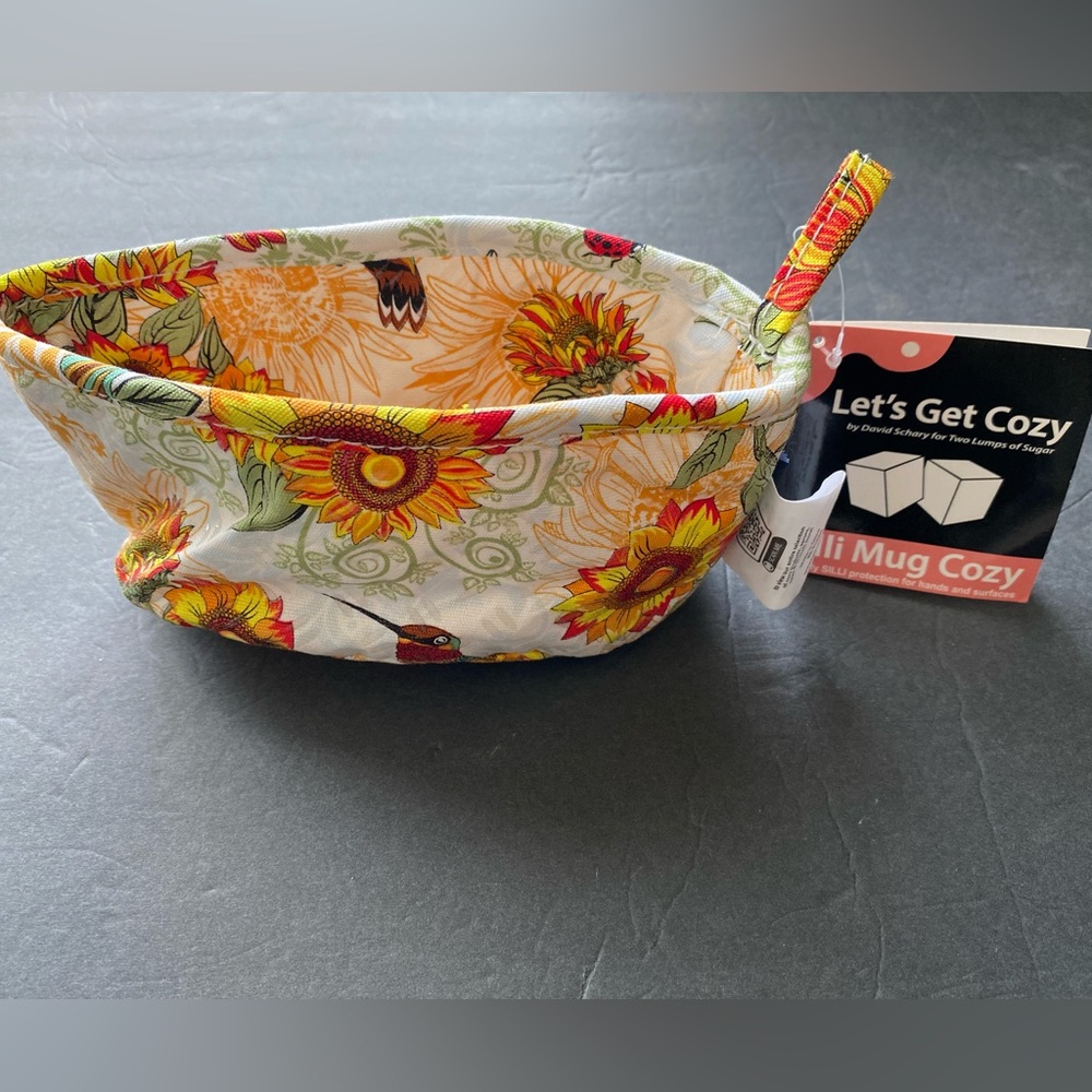 Two lumps of sugar David Schary fabric sunflower bird ladybug sili mug cozy
